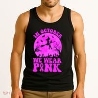 In October We Wear Pink Breast Cancer Halloween Witch Tank Top thumb 3