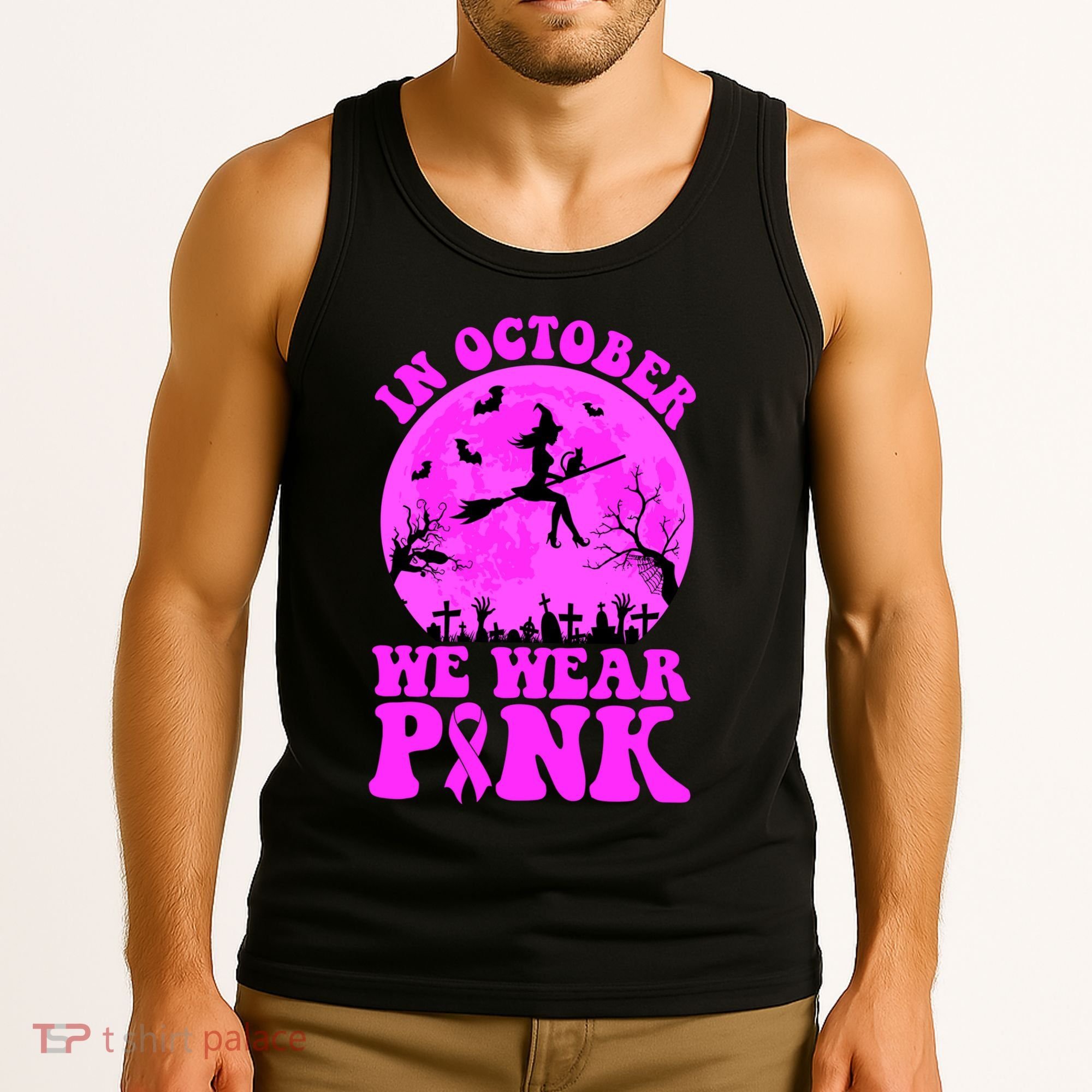 In October We Wear Pink Breast Cancer Halloween Witch Tank Top
