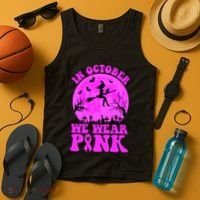 In October We Wear Pink Breast Cancer Halloween Witch Tank Top thumb 4