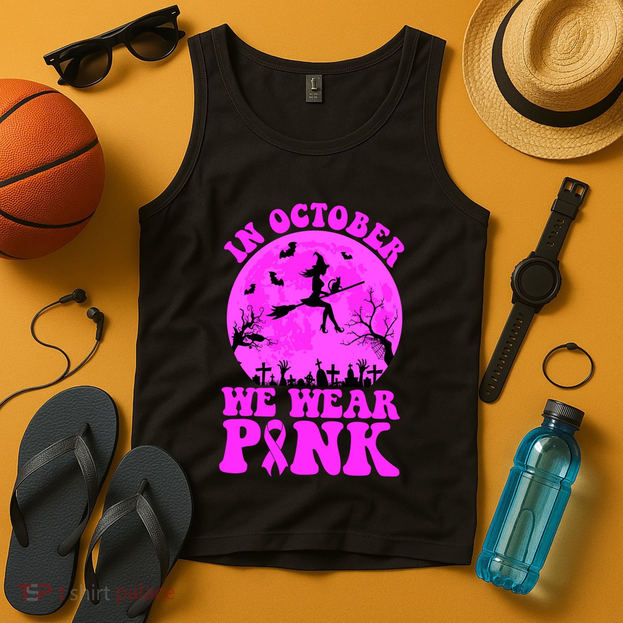 In October We Wear Pink Breast Cancer Halloween Witch Tank Top