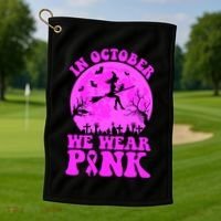 In October We Wear Pink Breast Cancer Halloween Witch Golf Towel thumb 1