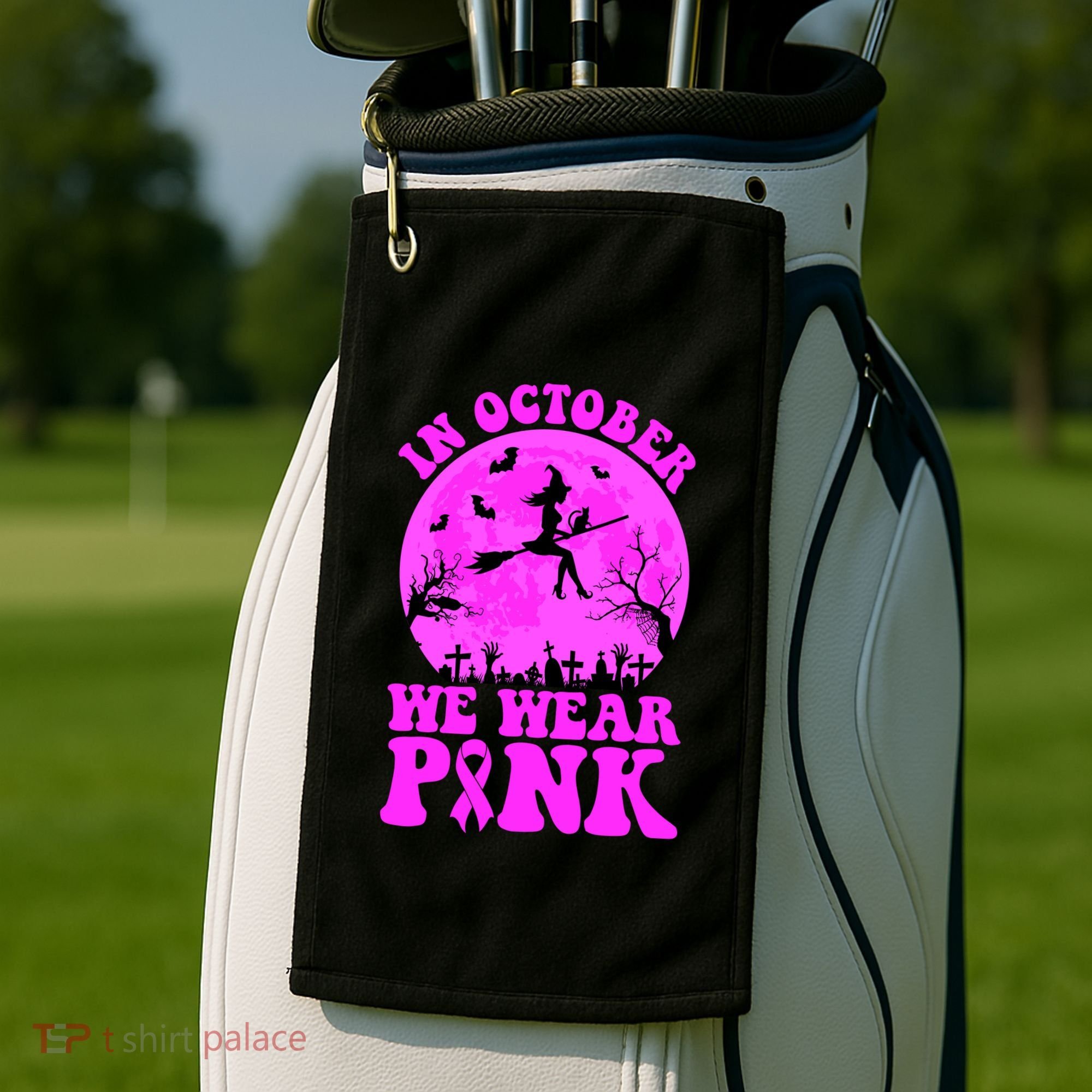In October We Wear Pink Breast Cancer Halloween Witch Golf Towel