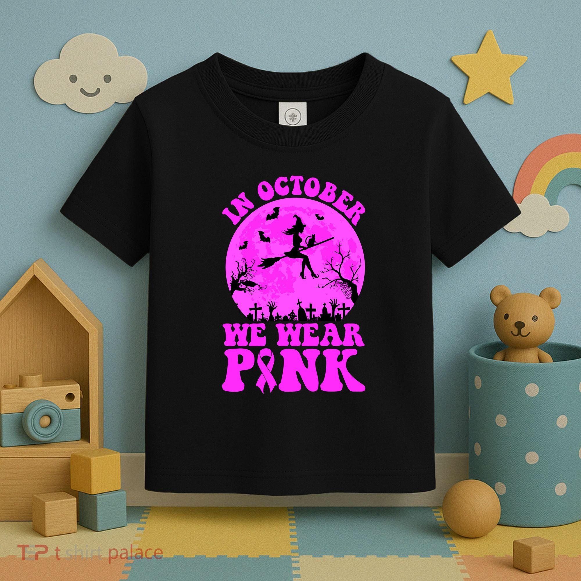 In October We Wear Pink Breast Cancer Halloween Witch Toddler T-Shirt