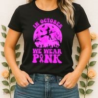 In October We Wear Pink Breast Cancer Halloween Witch Women's T-Shirt thumb 2