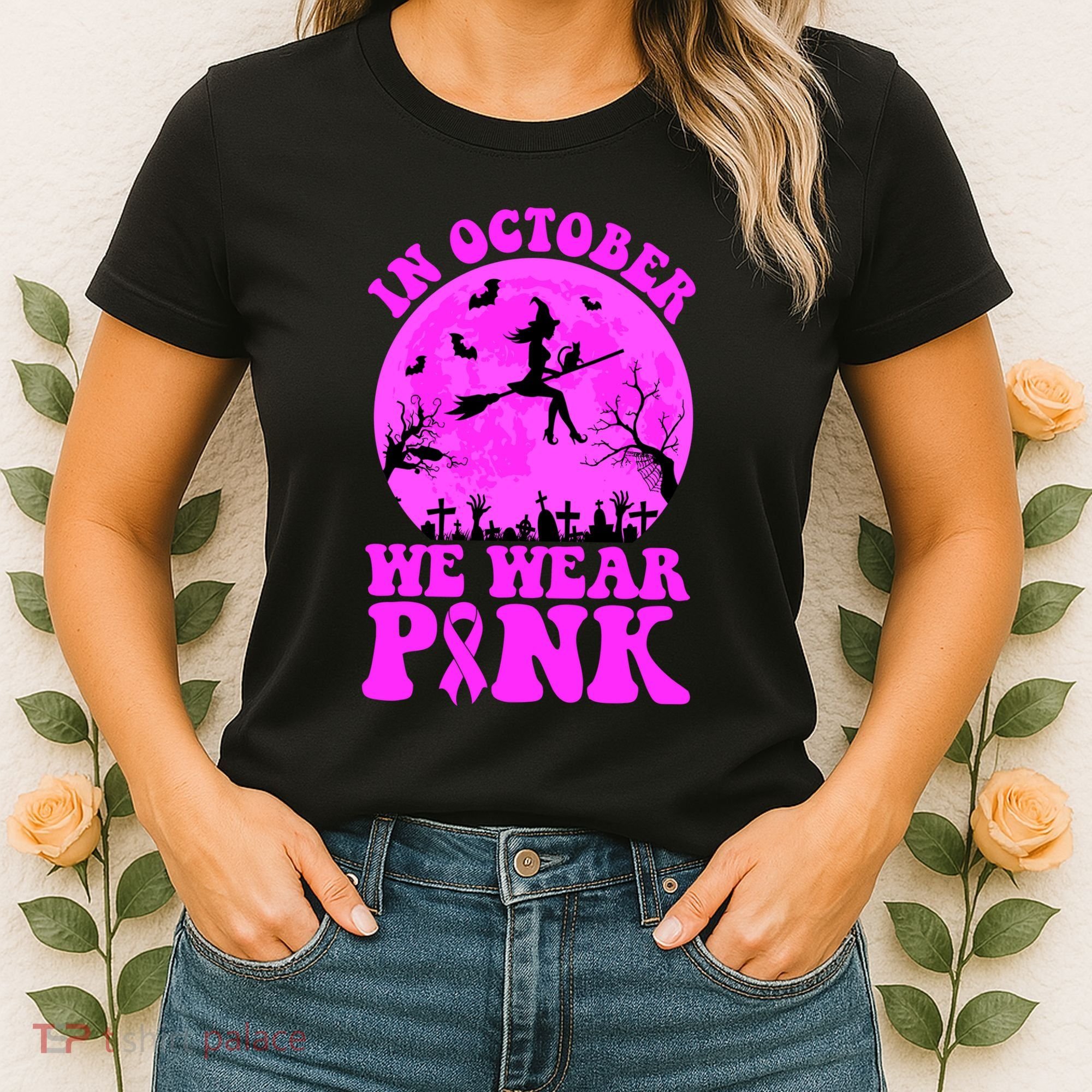In October We Wear Pink Breast Cancer Halloween Witch Women's T-Shirt