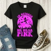 In October We Wear Pink Breast Cancer Halloween Witch Women's T-Shirt thumb 3