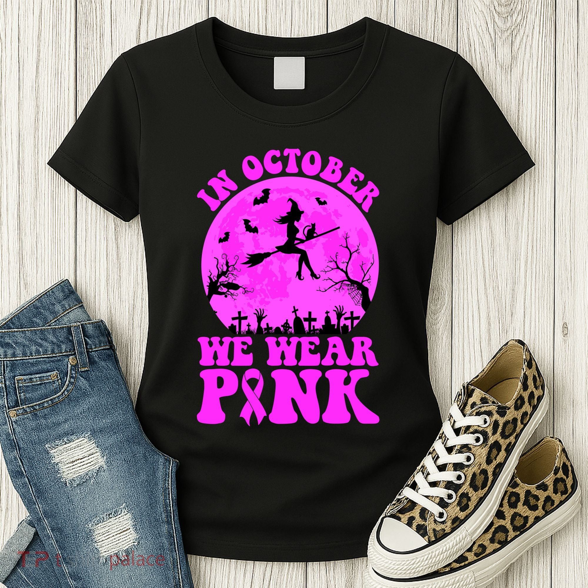 In October We Wear Pink Breast Cancer Halloween Witch Women's T-Shirt