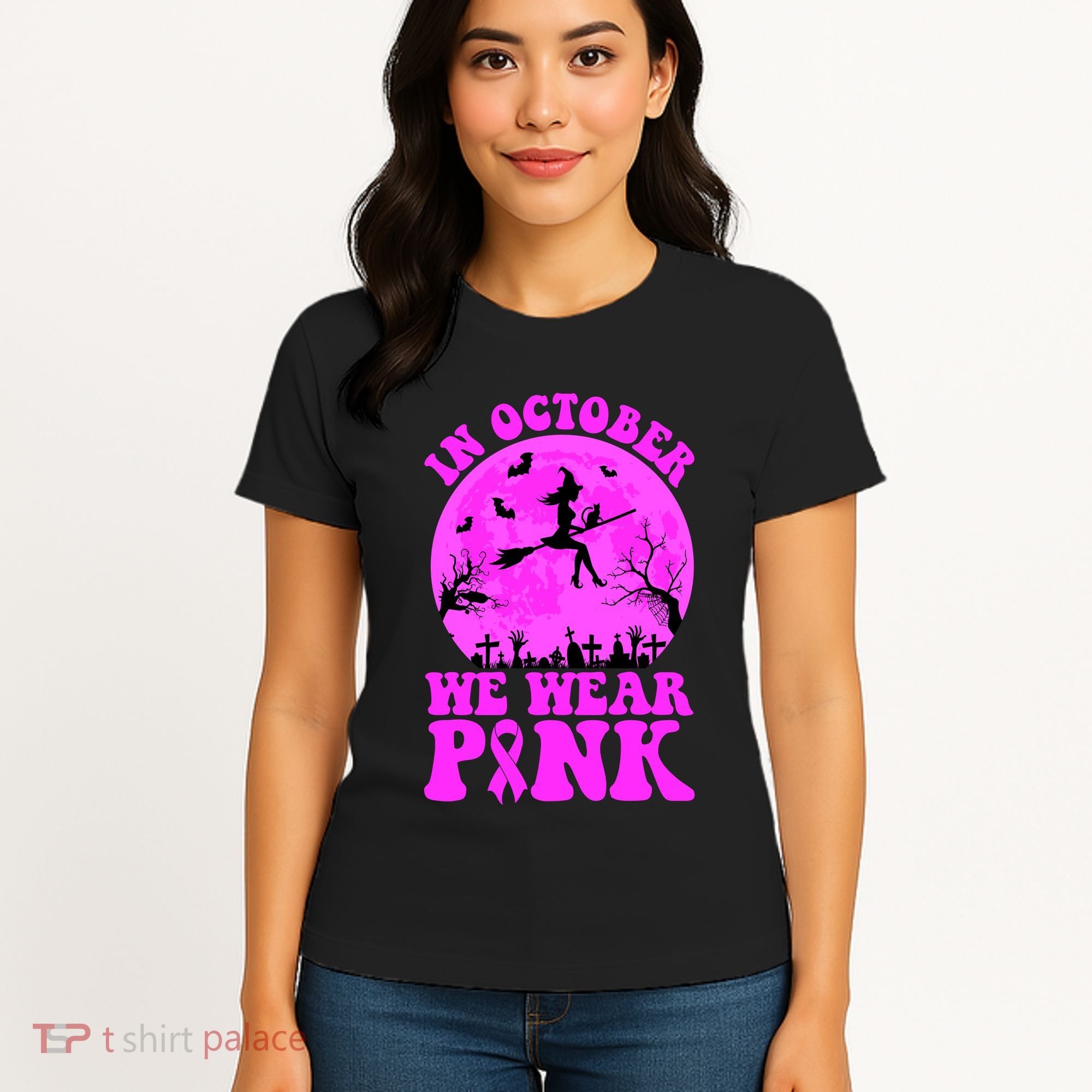 In October We Wear Pink Breast Cancer Halloween Witch Women's T-Shirt
