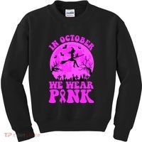 In October We Wear Pink Breast Cancer Halloween Witch Kids Sweatshirt thumb 0