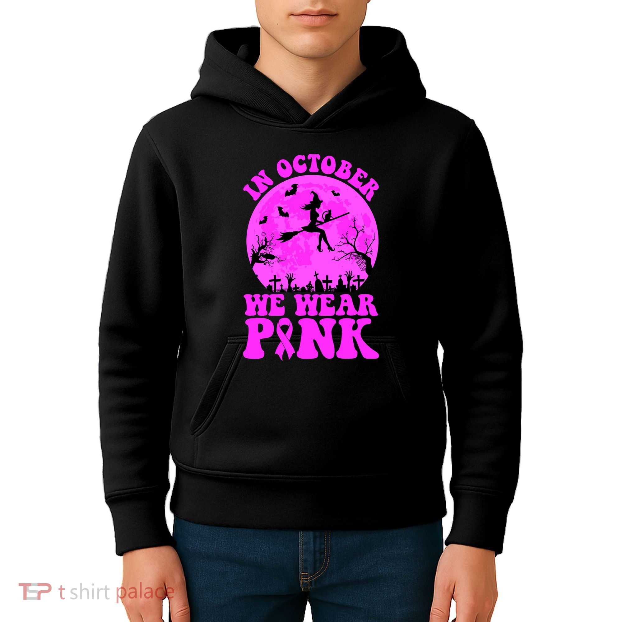 In October We Wear Pink Breast Cancer Halloween Witch Kids Hoodie