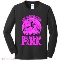 In October We Wear Pink Breast Cancer Halloween Witch Kids Long Sleeve Shirt thumb 0