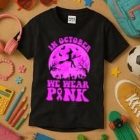 In October We Wear Pink Breast Cancer Halloween Witch Kids T-Shirt thumb 3