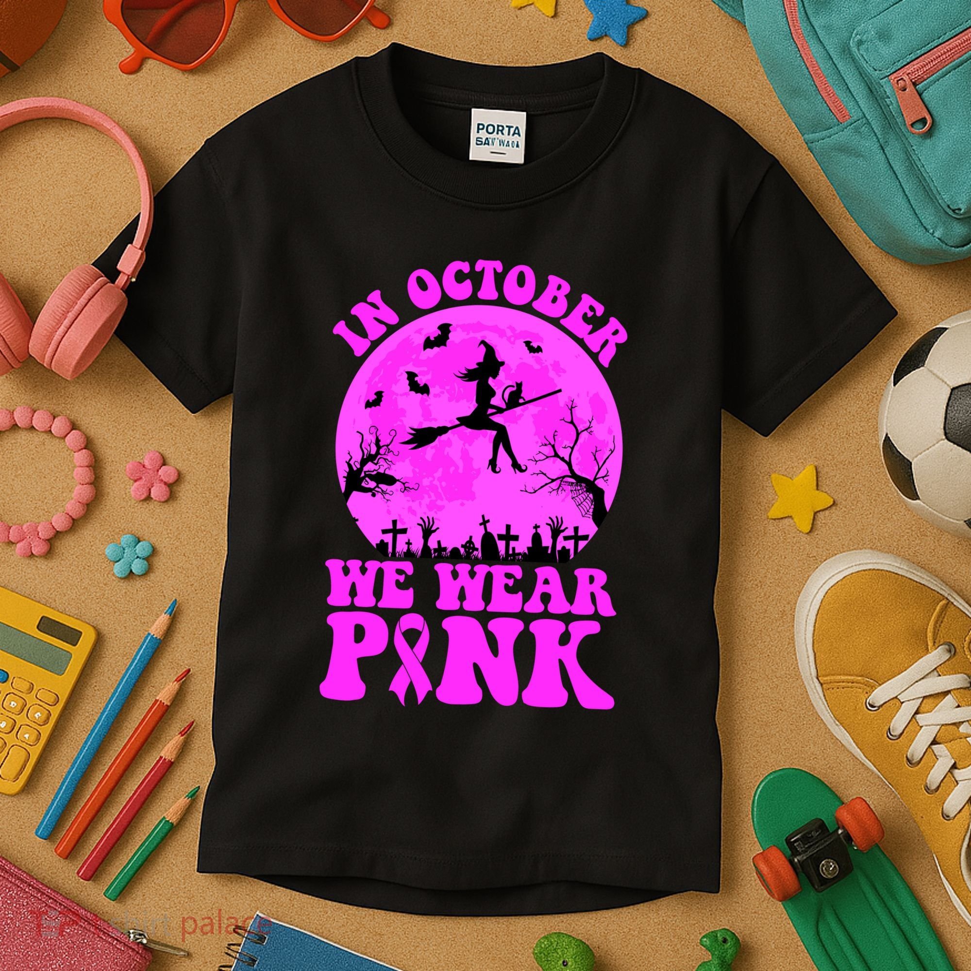 In October We Wear Pink Breast Cancer Halloween Witch Kids T-Shirt