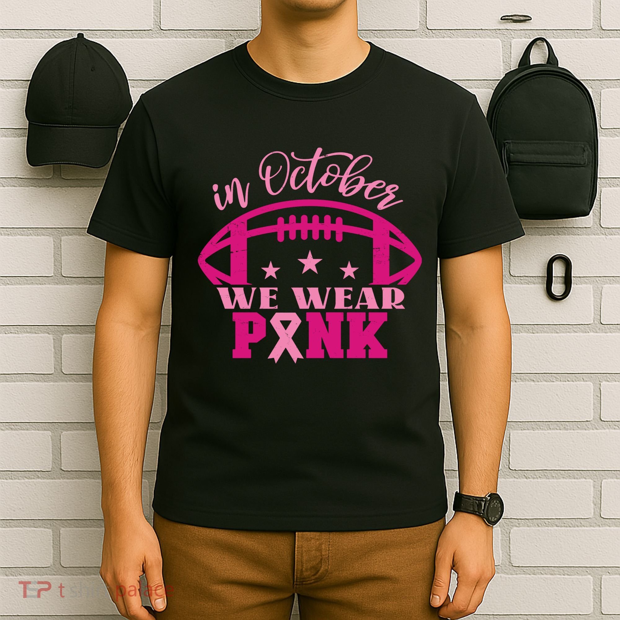 In October We Wear Pink Football Ribbon T-Shirt