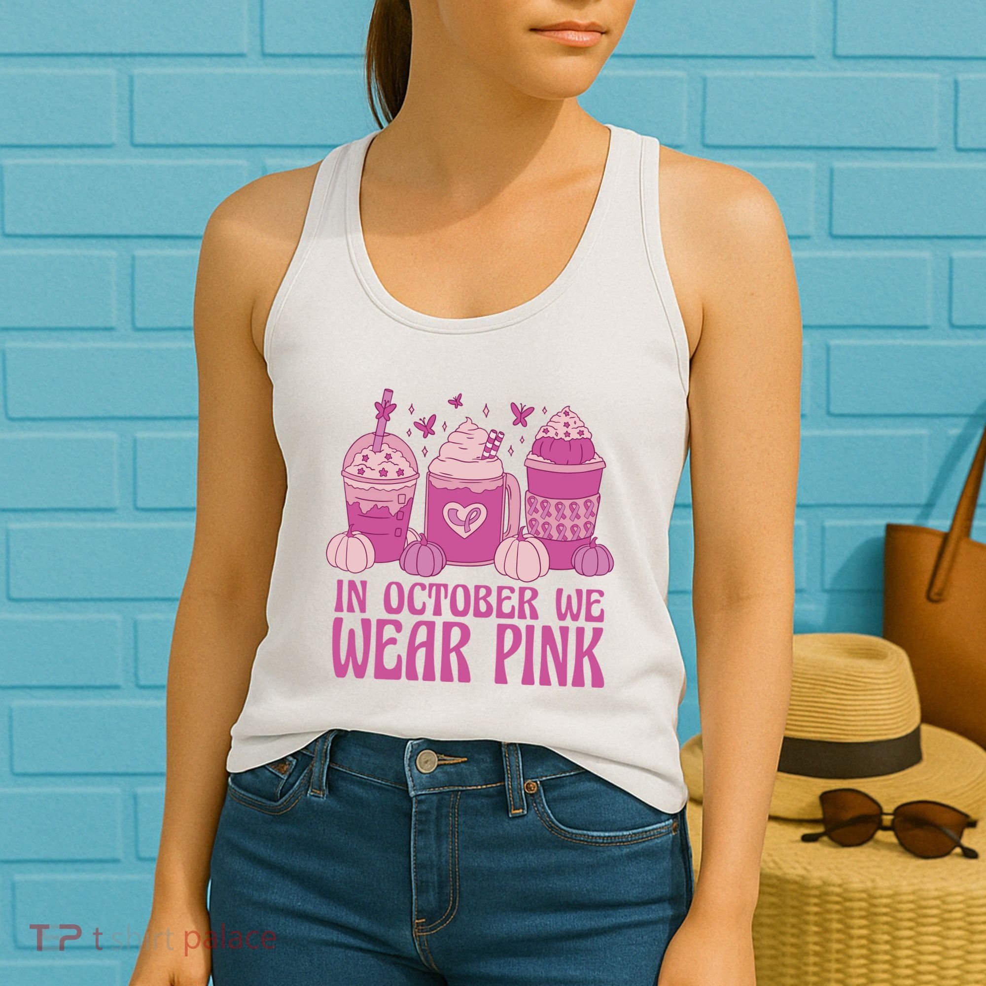 In October We Wear Pink Autumn Pumpkin Coffee Women's Tank Top