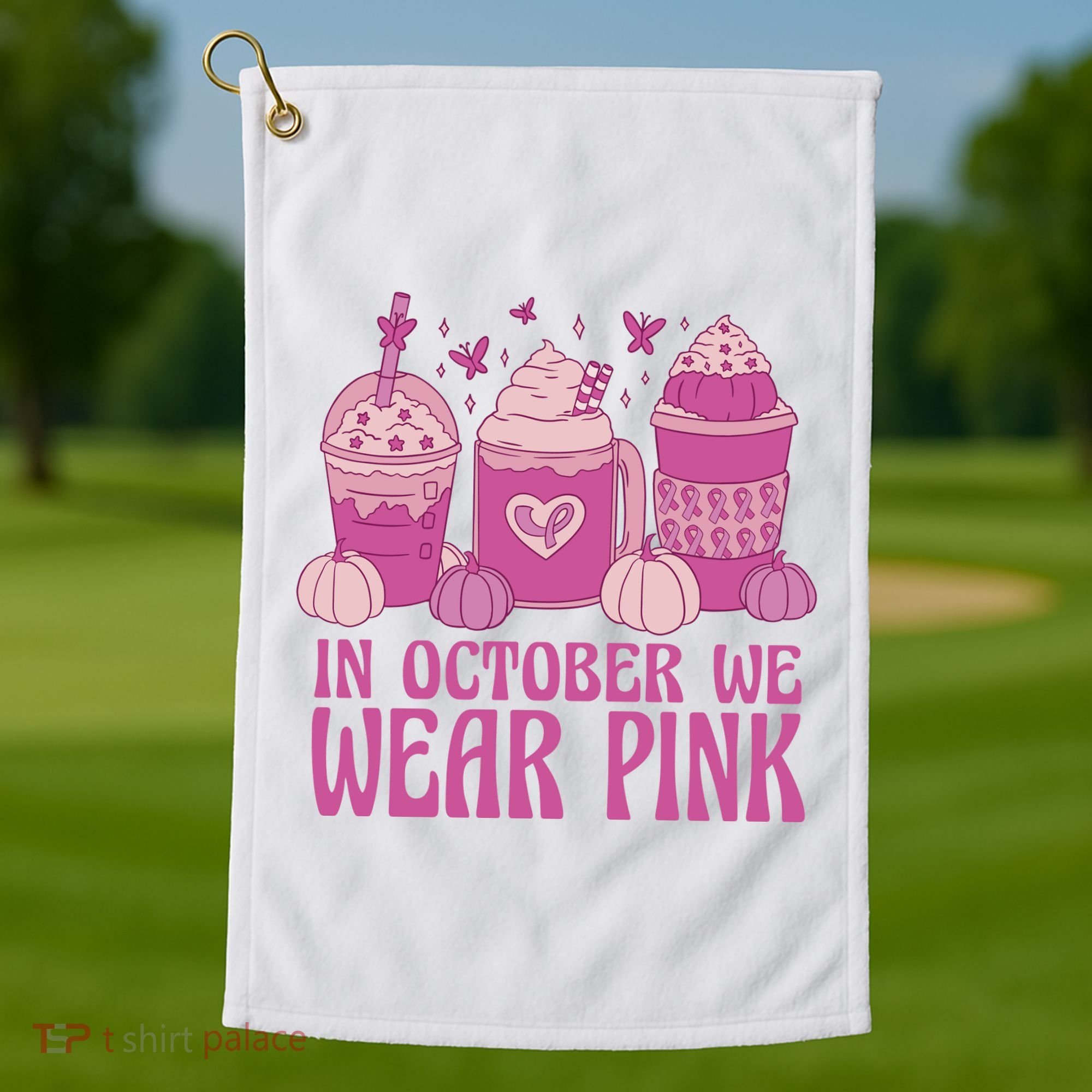 In October We Wear Pink Autumn Pumpkin Coffee Golf Towel