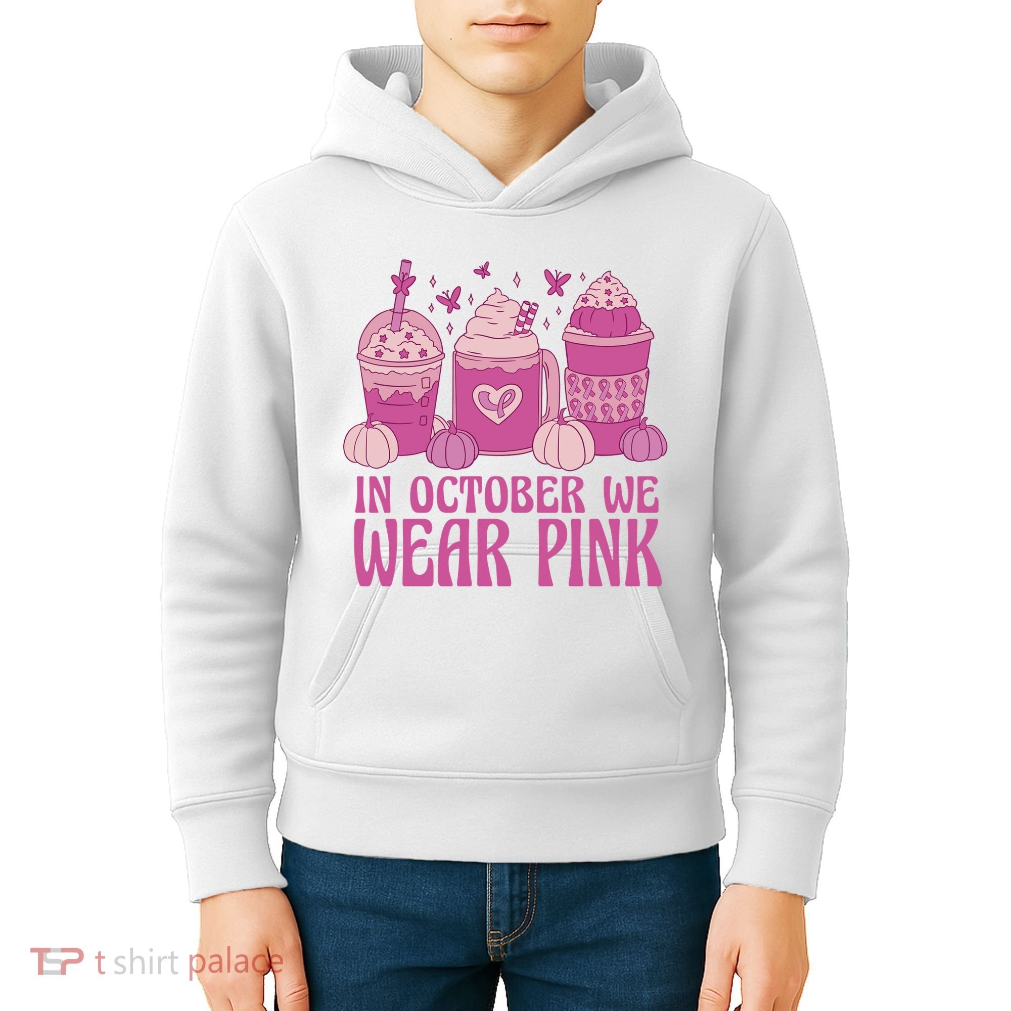 In October We Wear Pink Autumn Pumpkin Coffee Kids Hoodie