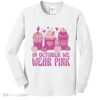 In October We Wear Pink Autumn Pumpkin Coffee Kids Long Sleeve Shirt thumb 0