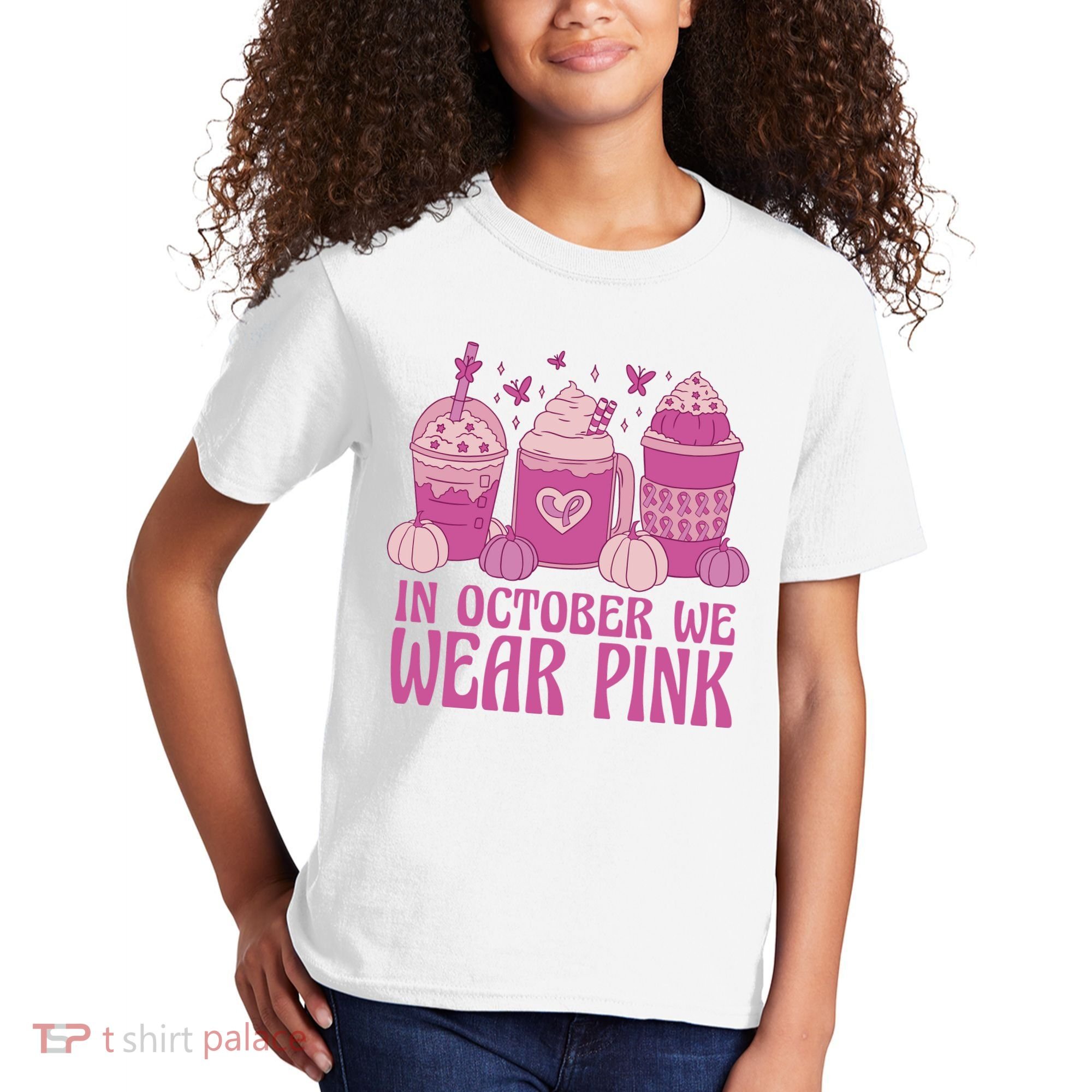 In October We Wear Pink Autumn Pumpkin Coffee Kids T-Shirt