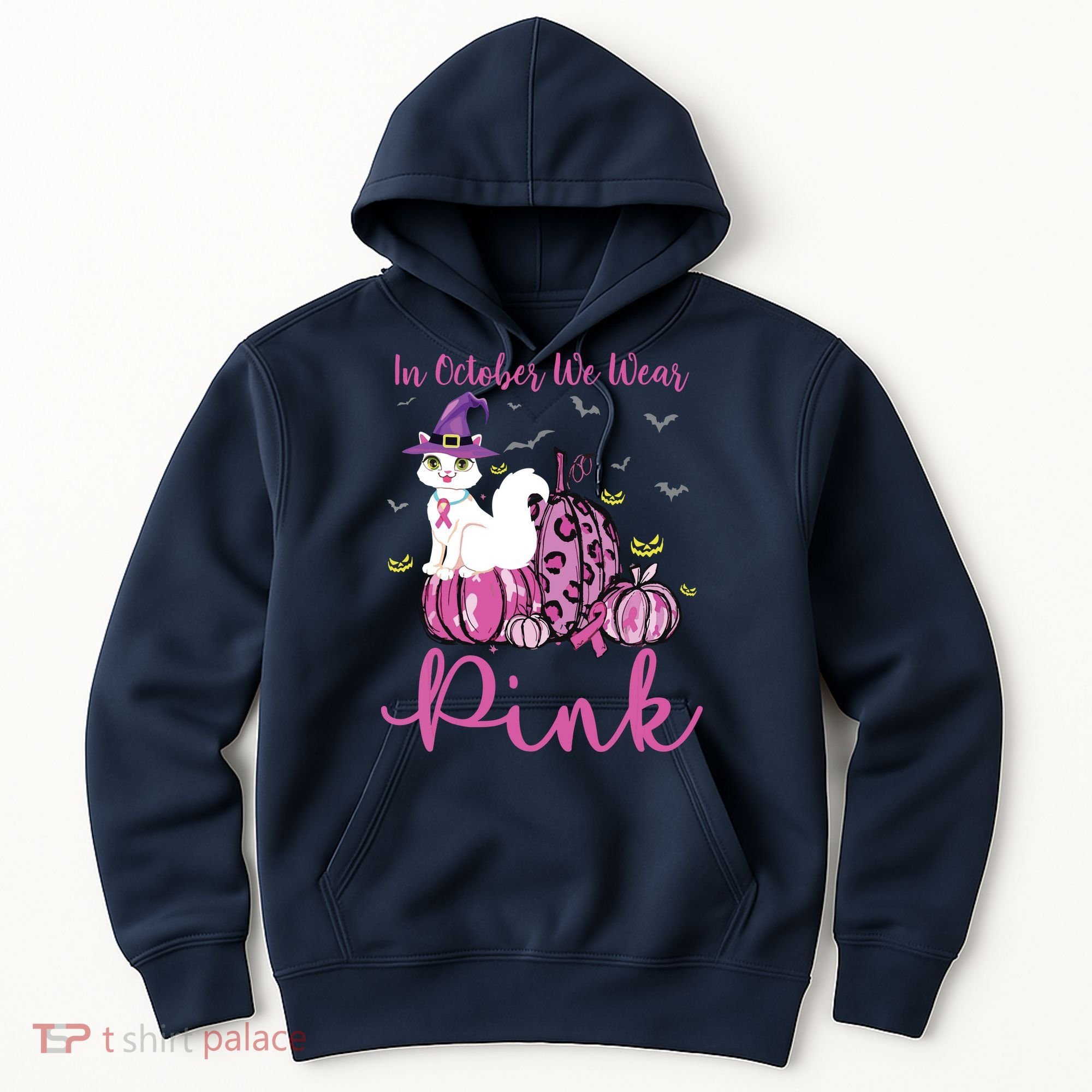 In October We Wear Pink Pumpkin Cat Breast Cancer Awareness Hoodie