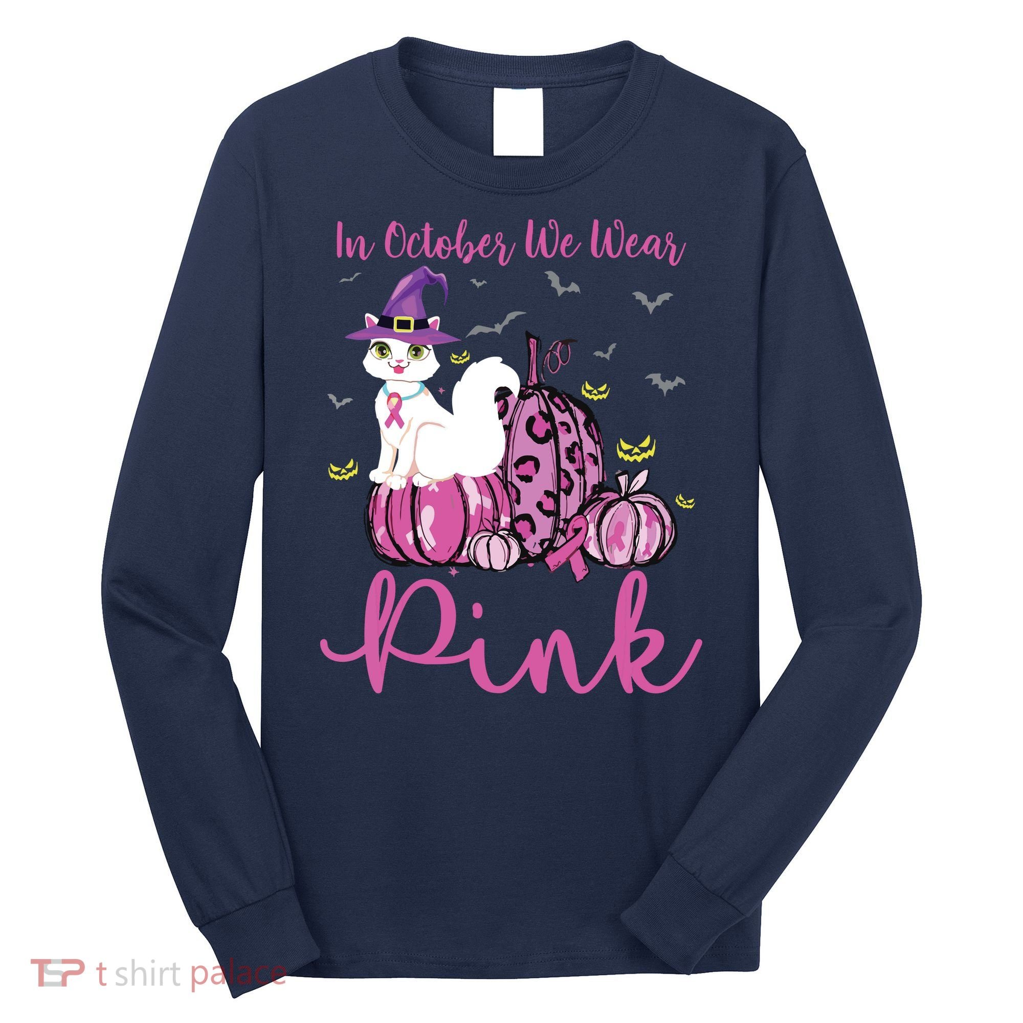 In October We Wear Pink Pumpkin Cat Breast Cancer Awareness Long Sleeve Shirt