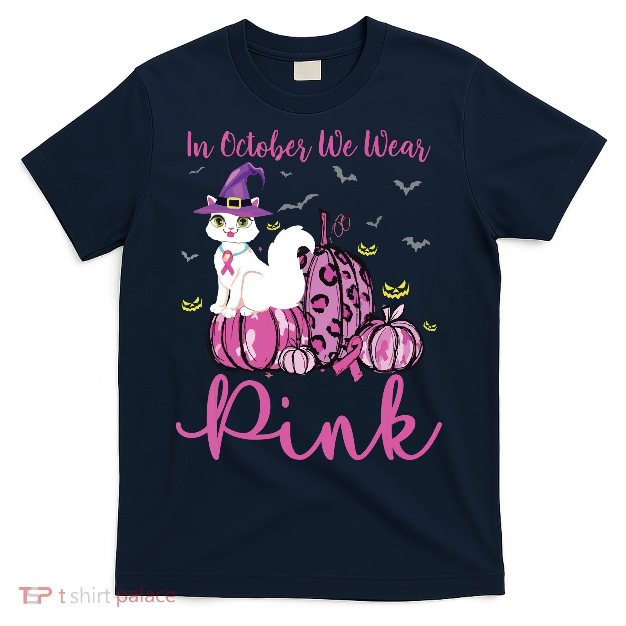 In October We Wear Pink Pumpkin Cat Breast Cancer Awareness T-Shirt