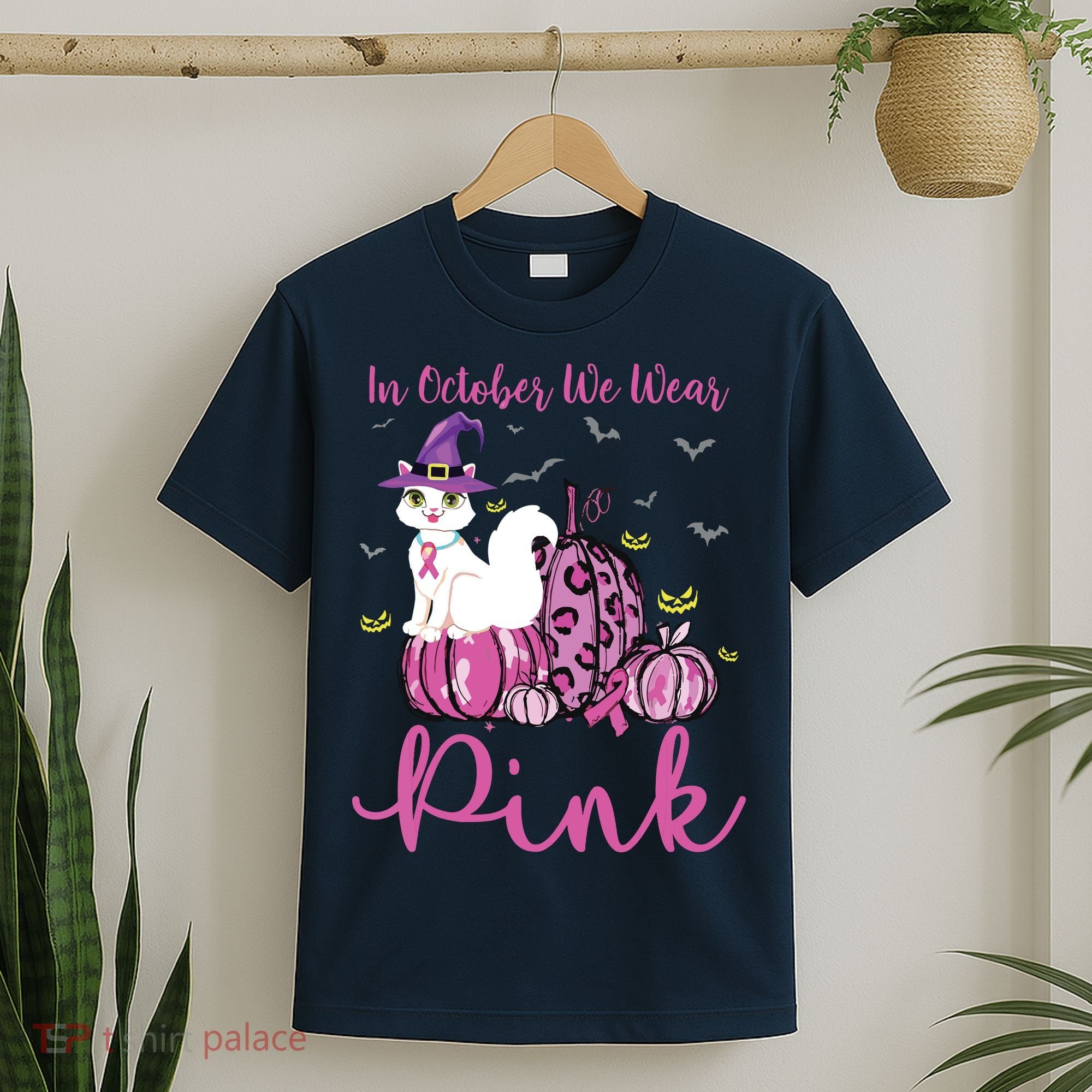In October We Wear Pink Pumpkin Cat Breast Cancer Awareness T-Shirt