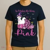 In October We Wear Pink Pumpkin Cat Breast Cancer Awareness T-Shirt thumb 3