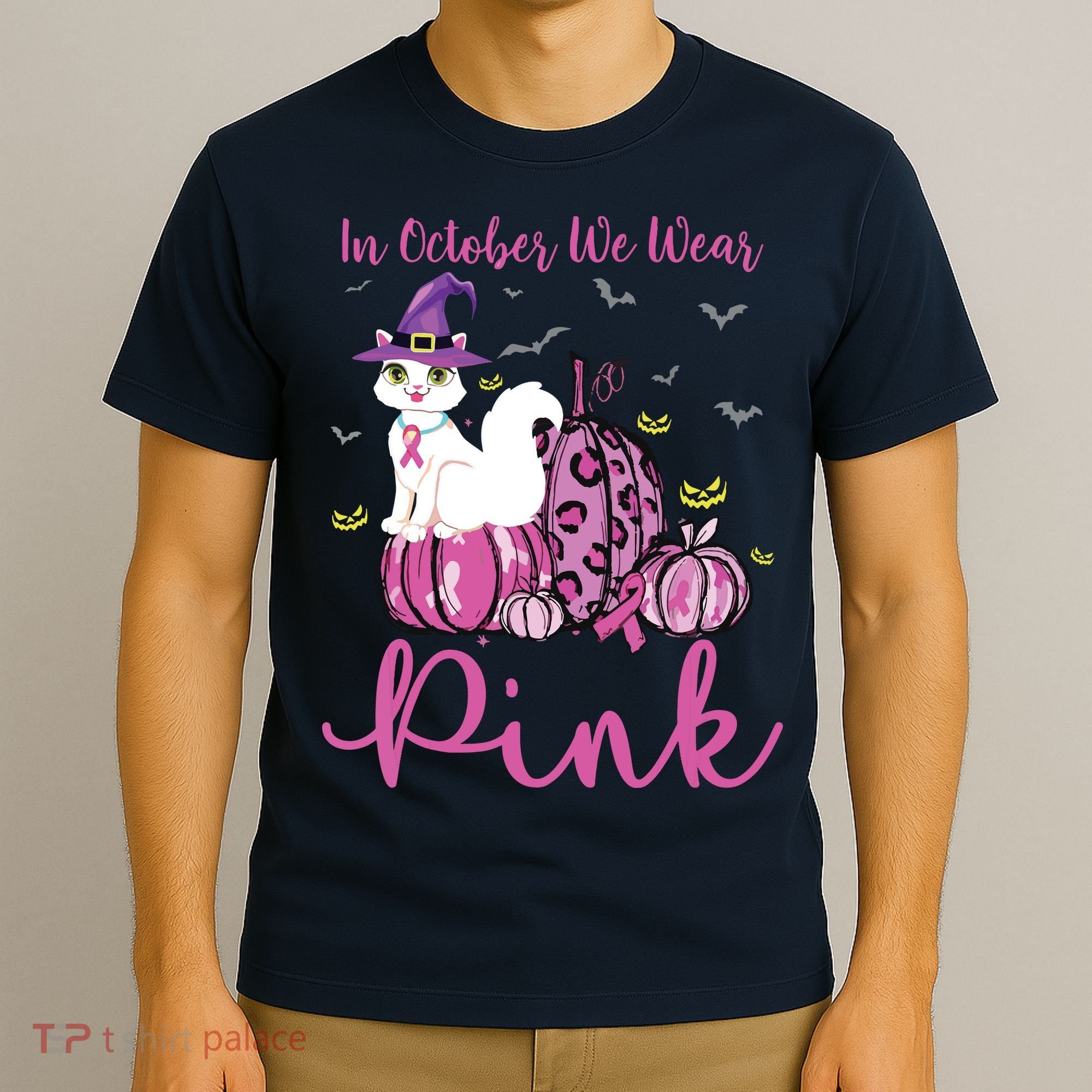 In October We Wear Pink Pumpkin Cat Breast Cancer Awareness T-Shirt