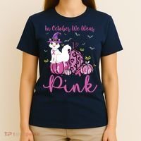 In October We Wear Pink Pumpkin Cat Breast Cancer Awareness T-Shirt thumb 4