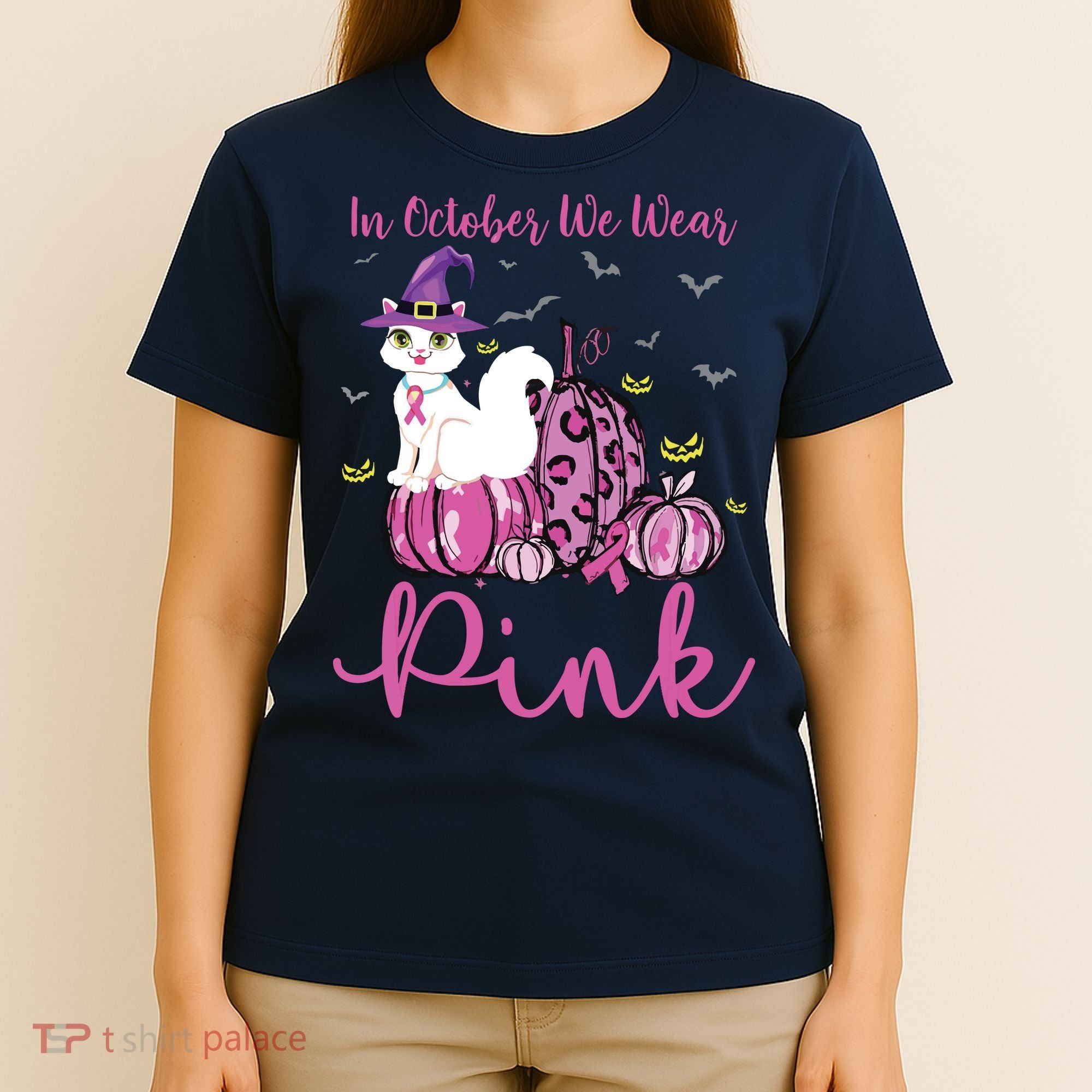 In October We Wear Pink Pumpkin Cat Breast Cancer Awareness T-Shirt