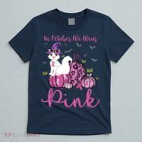 In October We Wear Pink Pumpkin Cat Breast Cancer Awareness T-Shirt thumb 5