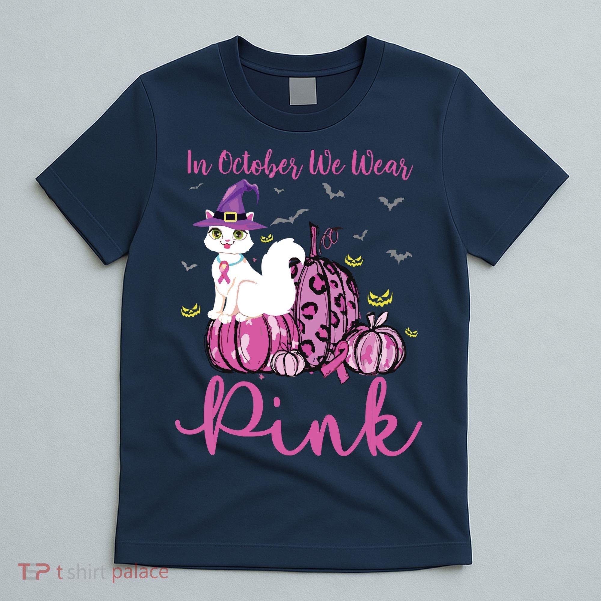In October We Wear Pink Pumpkin Cat Breast Cancer Awareness T-Shirt
