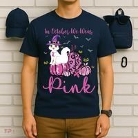 In October We Wear Pink Pumpkin Cat Breast Cancer Awareness T-Shirt thumb 6