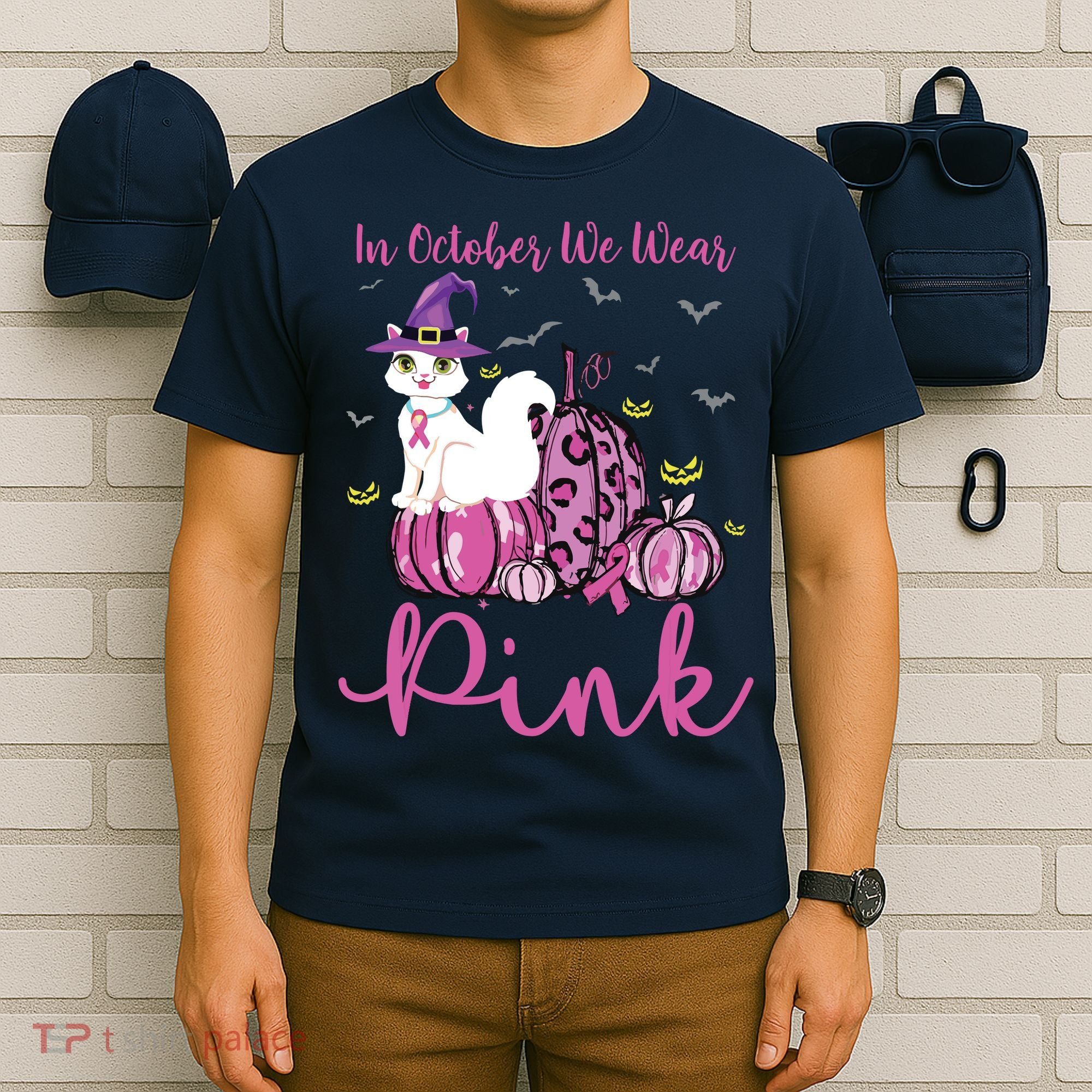 In October We Wear Pink Pumpkin Cat Breast Cancer Awareness T-Shirt
