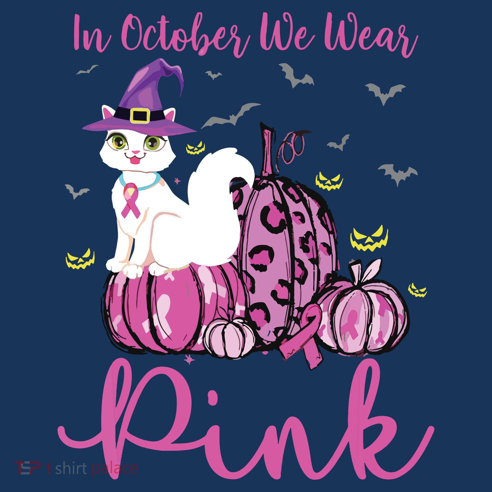 In October We Wear Pink Pumpkin Cat Breast Cancer Awareness T-Shirt