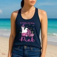 In October We Wear Pink Pumpkin Cat Breast Cancer Awareness Women's Tank Top thumb 2