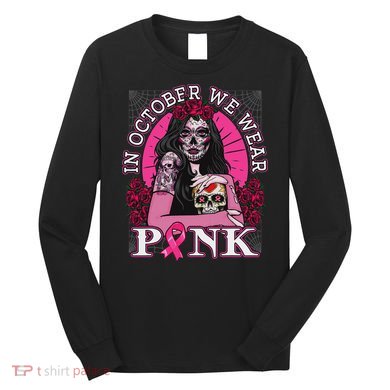 In October We Wear Breast Cancer Halloween Skull Long Sleeve Shirt