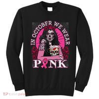In October We Wear Breast Cancer Halloween Skull Sweatshirt thumb 0