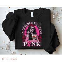 In October We Wear Breast Cancer Halloween Skull Sweatshirt thumb 2