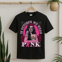 In October We Wear Breast Cancer Halloween Skull T-Shirt thumb 2