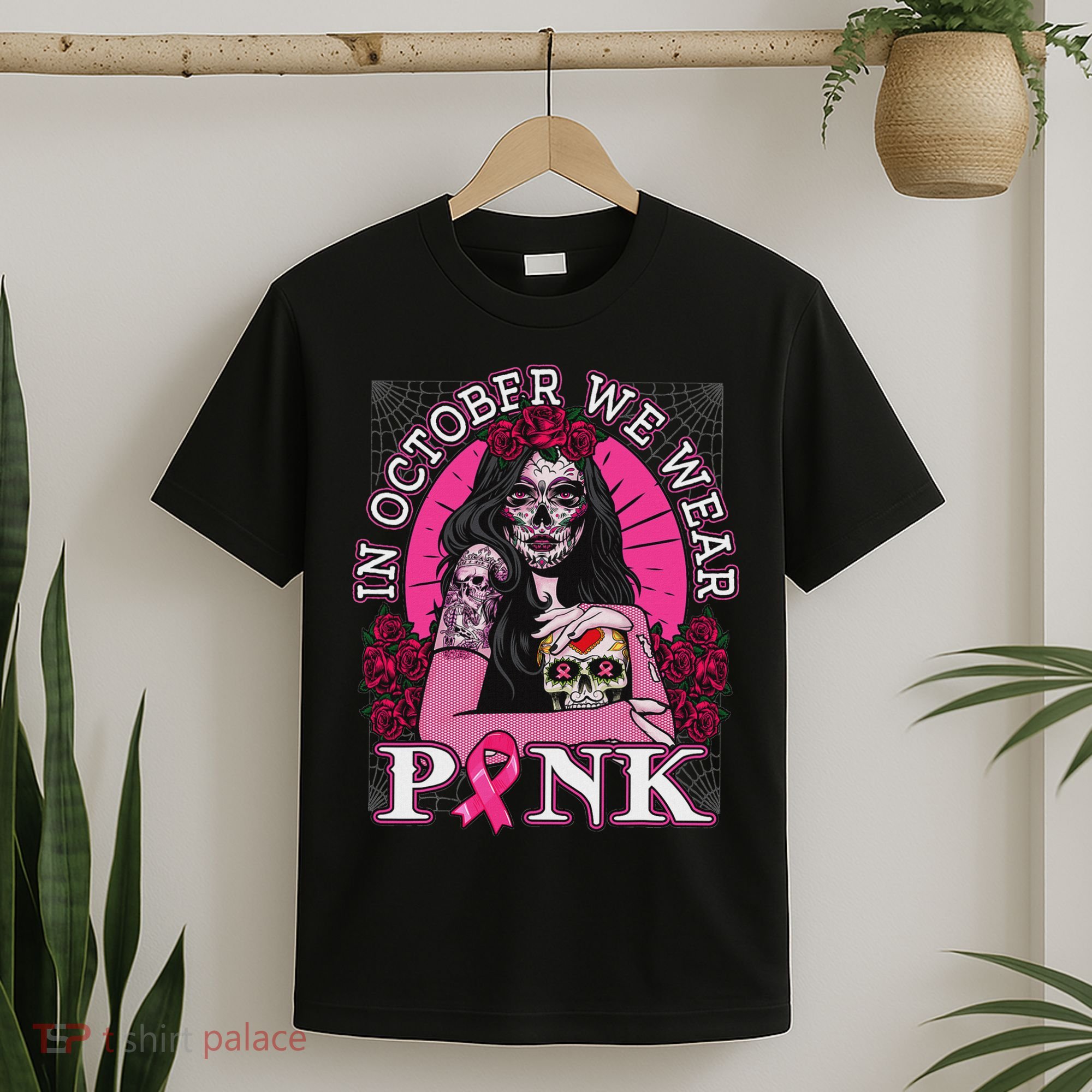 In October We Wear Breast Cancer Halloween Skull T-Shirt