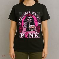 In October We Wear Breast Cancer Halloween Skull T-Shirt thumb 4