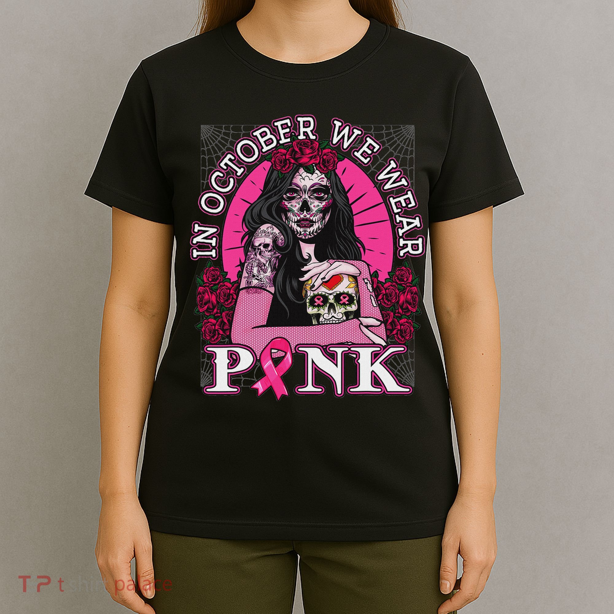In October We Wear Breast Cancer Halloween Skull T-Shirt