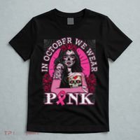 In October We Wear Breast Cancer Halloween Skull T-Shirt thumb 5