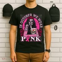 In October We Wear Breast Cancer Halloween Skull T-Shirt thumb 6