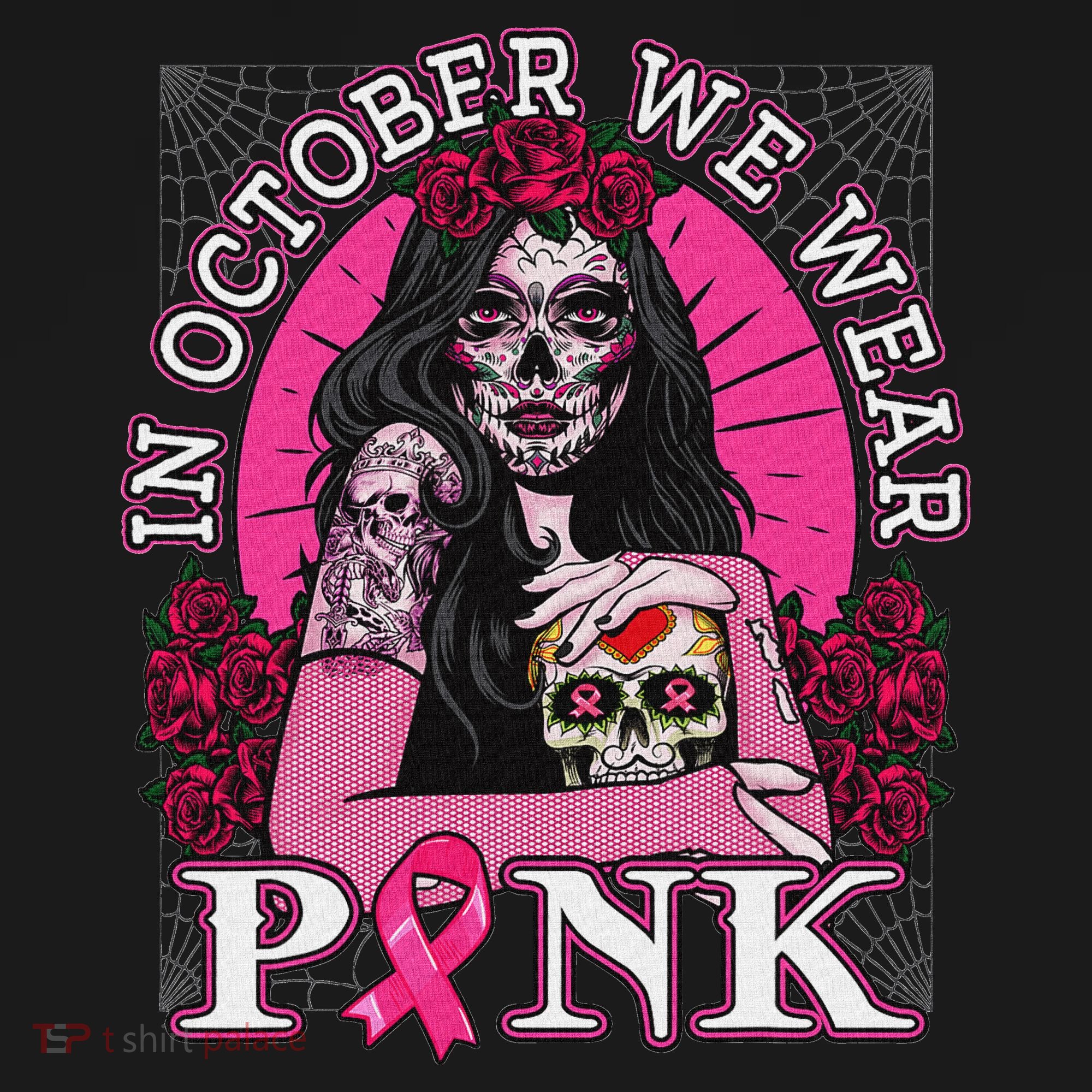 In October We Wear Breast Cancer Halloween Skull Polo