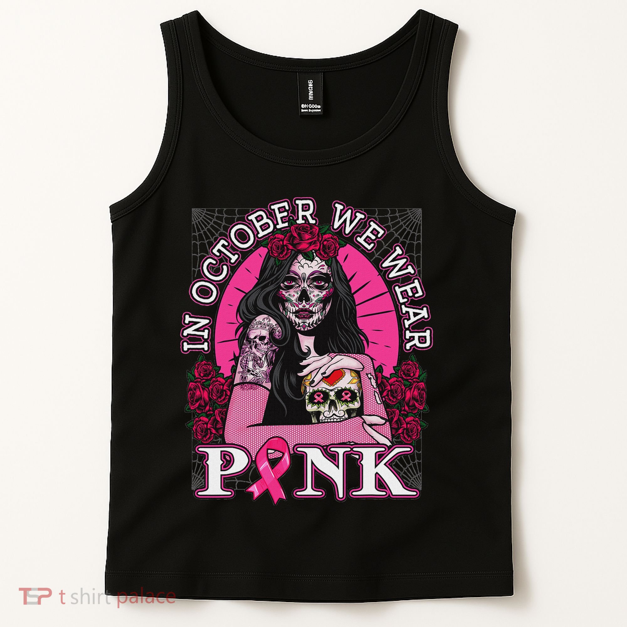 In October We Wear Breast Cancer Halloween Skull Tank Top