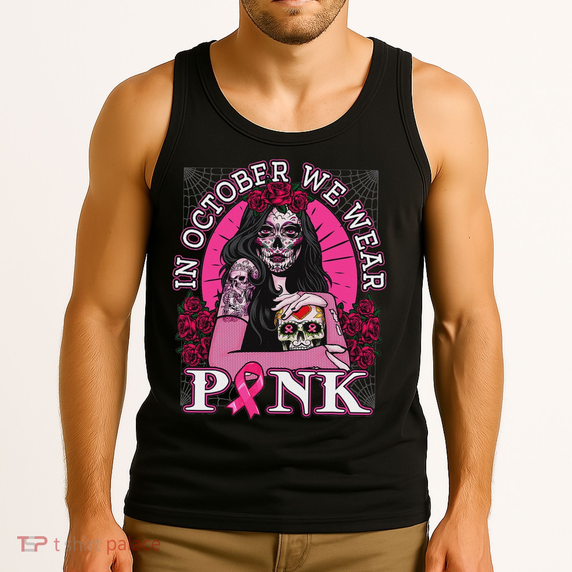 In October We Wear Breast Cancer Halloween Skull Tank Top
