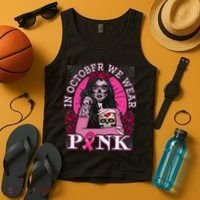 In October We Wear Breast Cancer Halloween Skull Tank Top thumb 4
